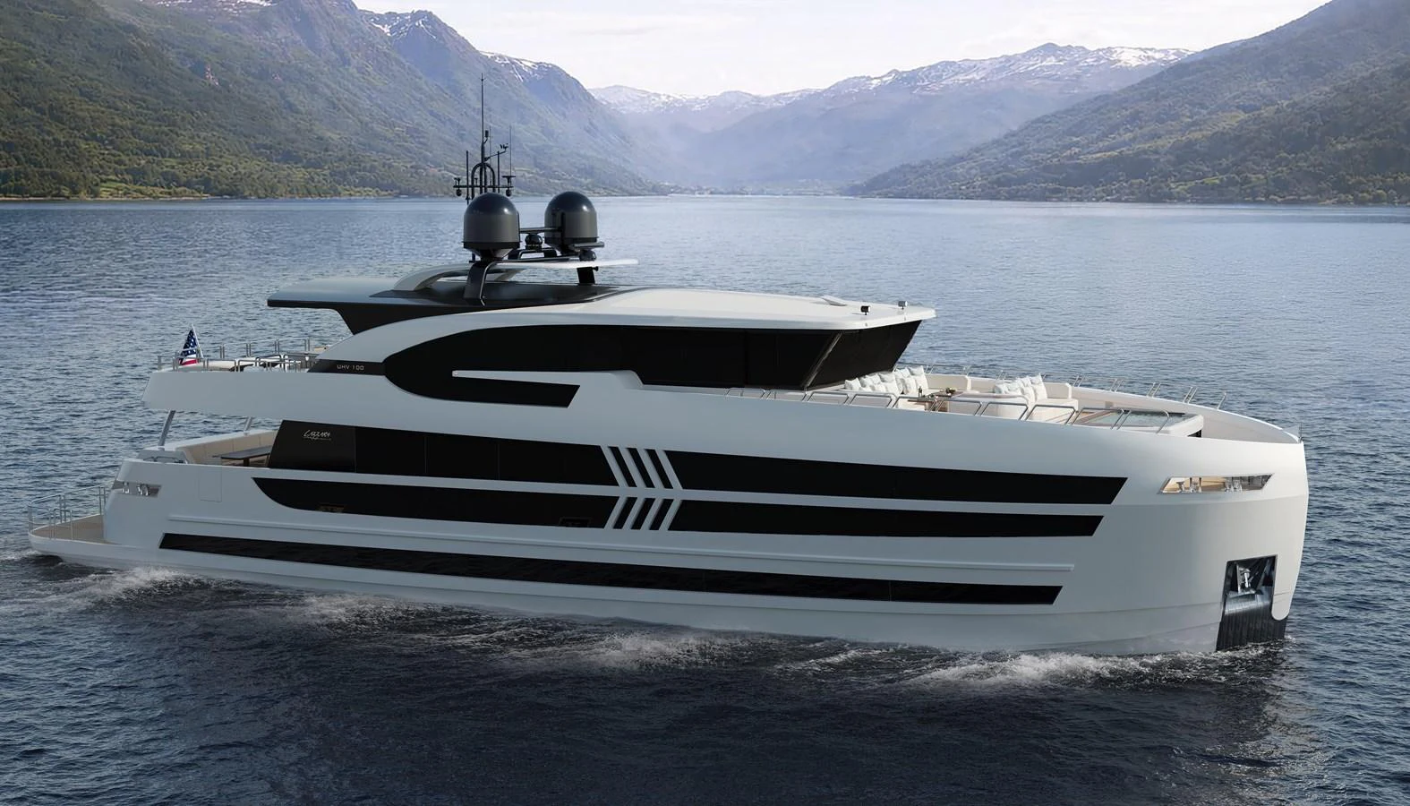 A sleek and modern yacht cruising through a serene mountainous landscape. aboard LAZZARA UHV 90 Yacht for Sale
