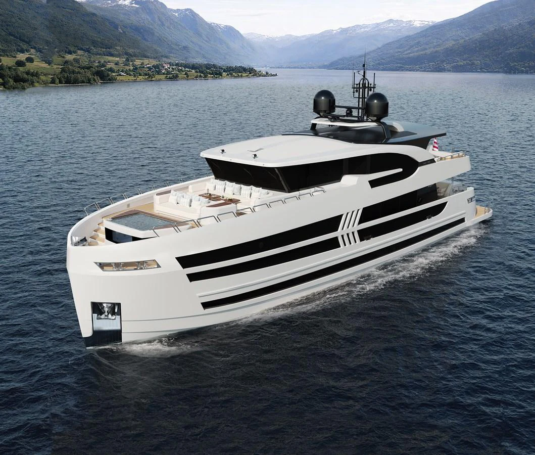 A sleek, modern yacht cruising through calm waters with a mountainous backdrop. aboard LAZZARA UHV 90 Yacht for Sale