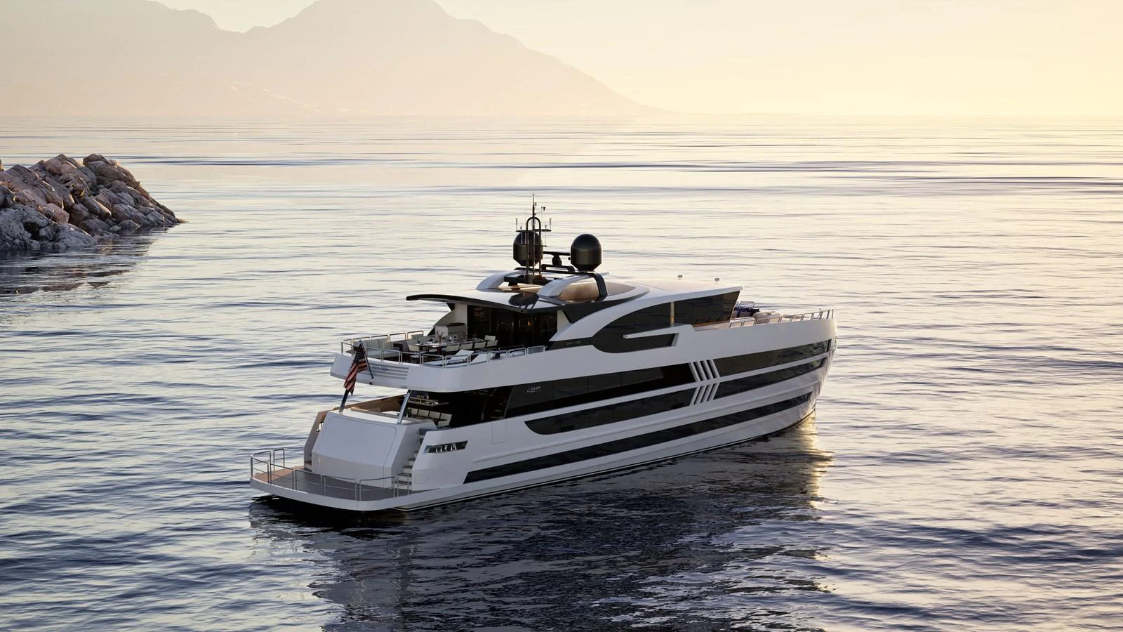 A sleek and modern yacht glides gracefully on calm waters at sunset. aboard LAZZARA UHV 90 Yacht for Sale