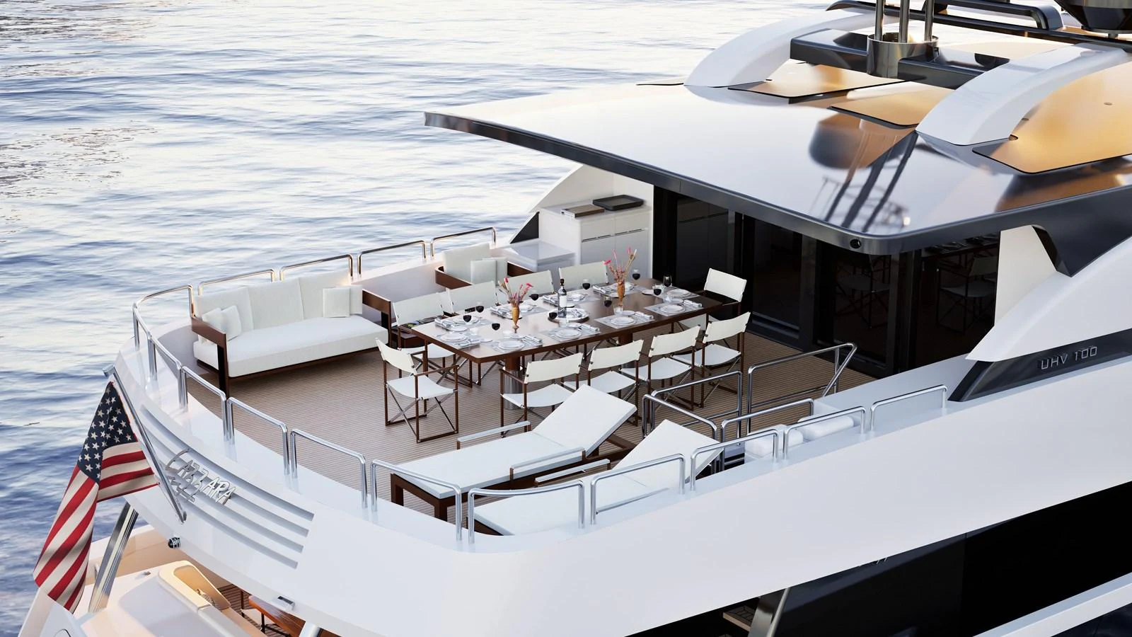 The yacht's aft deck features an elegant dining area with ample seating, perfect for alfresco meals. aboard LAZZARA UHV 90 Yacht for Sale