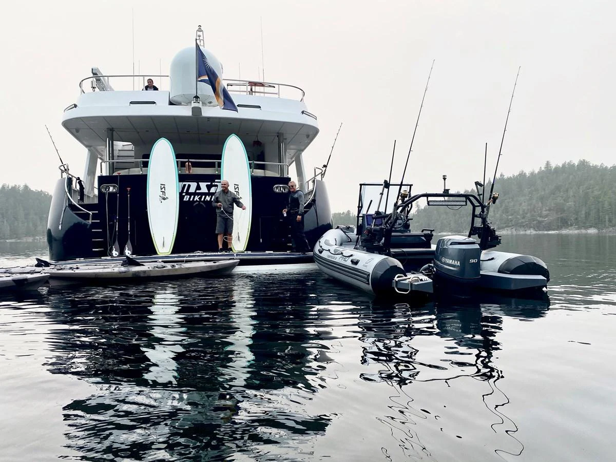 The yacht is equipped with multiple tenders and water toys, ready for adventure on the water. aboard SAMSARA Yacht for Sale