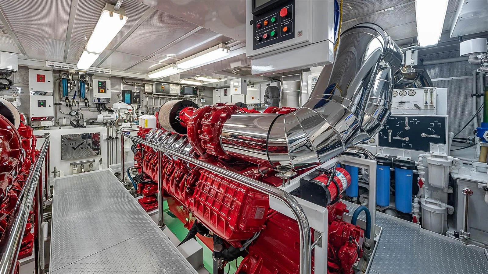 The engine room showcases powerful machinery and advanced engineering systems. aboard CARTE BLANCHE Yacht for Sale