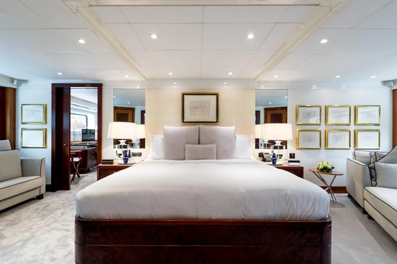 The master stateroom exudes luxury with its spacious layout and elegant decor. aboard LA TANIA Yacht for Sale