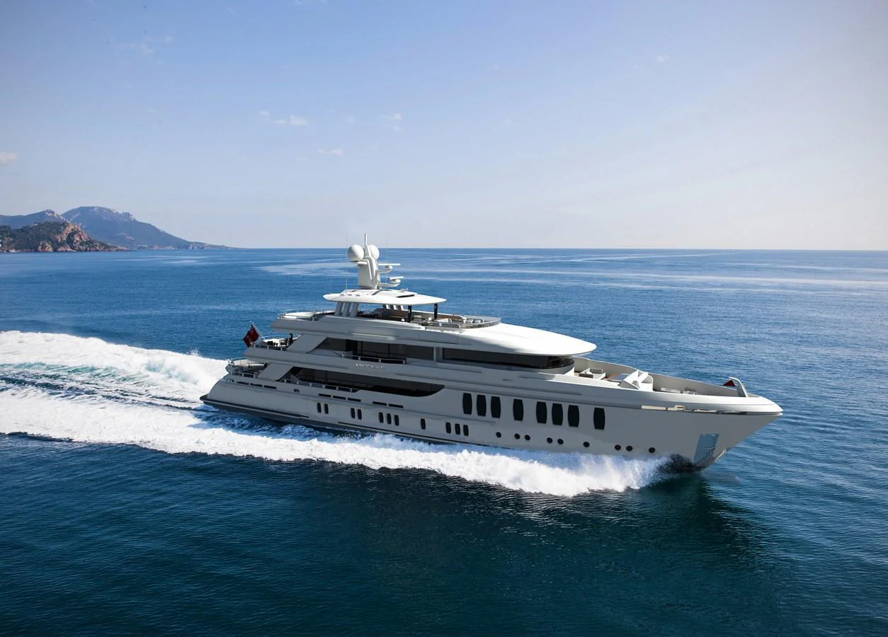 A luxurious yacht cruises through the open sea, showcasing its sleek design and modern amenities. aboard CMB47-107 Yacht for Sale