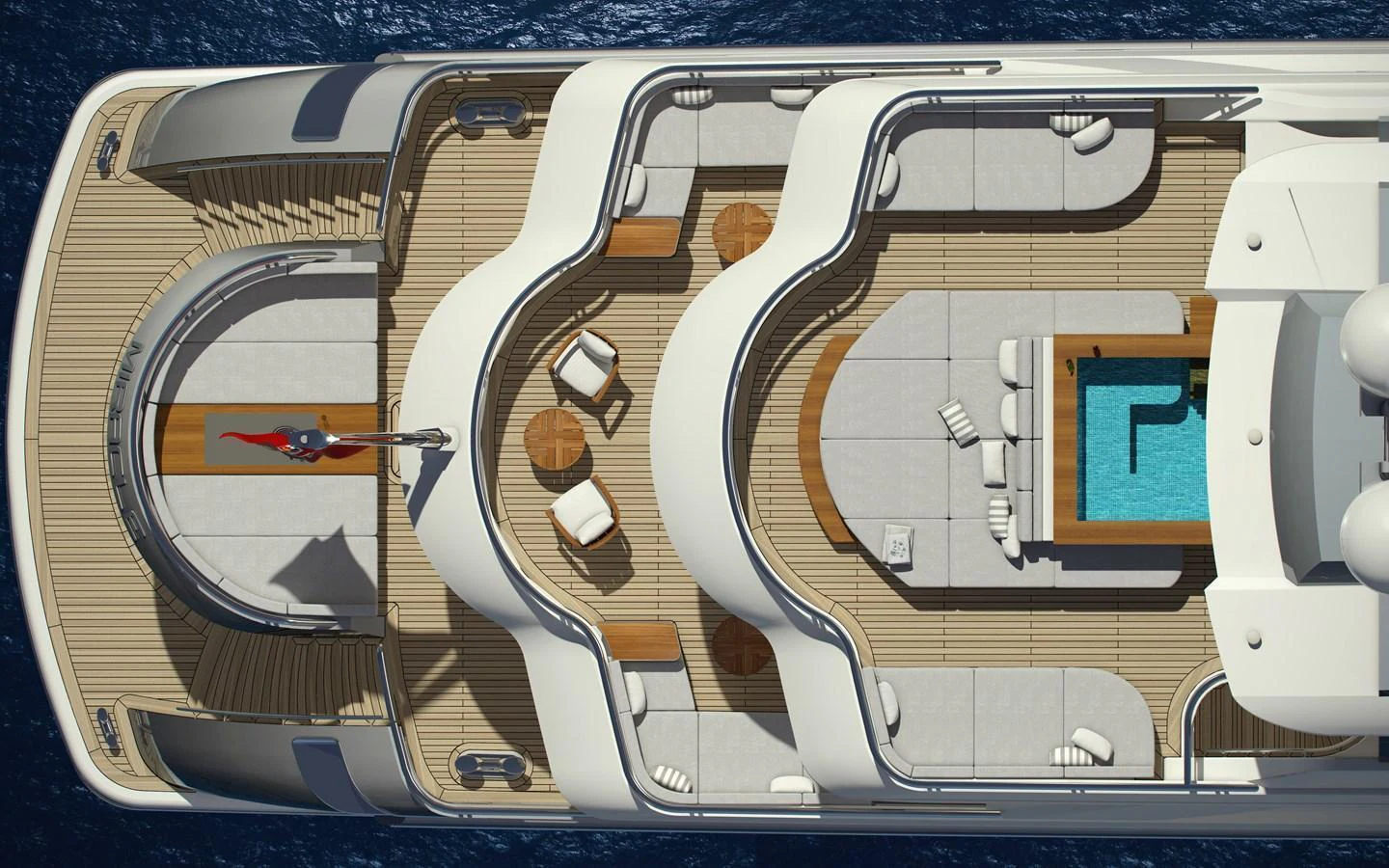 The sundeck features luxurious lounging areas, a pool, and ample space for relaxation. aboard CMB47-107 Yacht for Sale