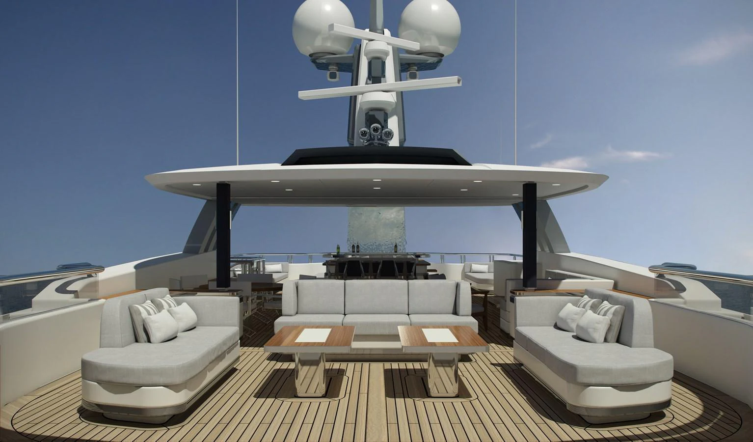 The sundeck offers luxurious seating arrangements with a modern design and ample space for relaxation. aboard CMB47-107 Yacht for Sale