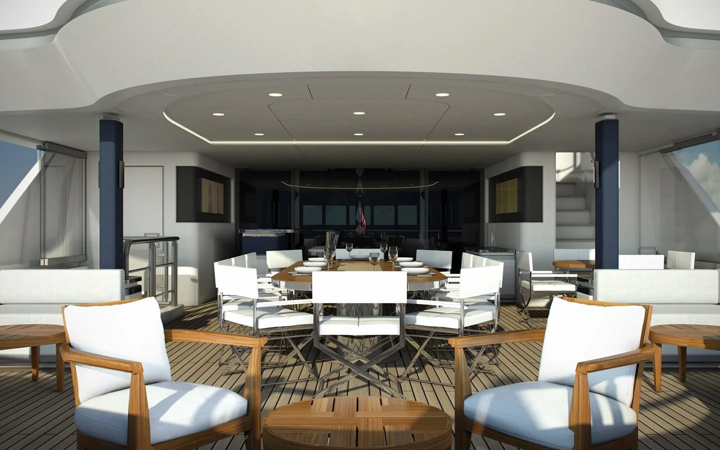 The aft deck features a spacious and elegant dining area with comfortable seating and a stylish design. aboard CMB47-107 Yacht for Sale