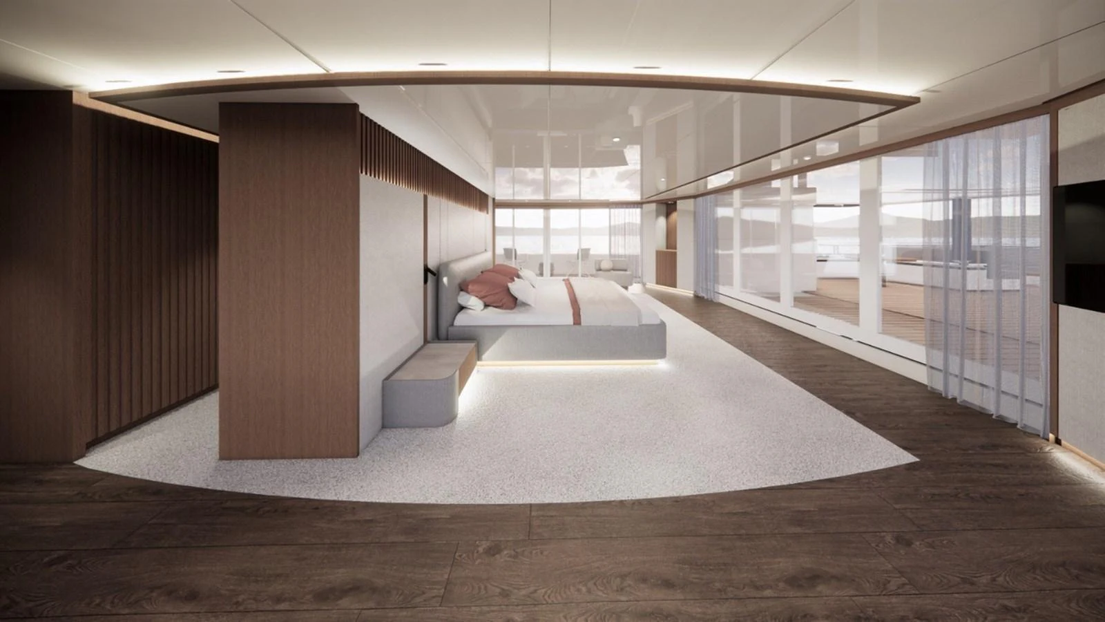 The master stateroom features a modern design with a spacious layout and luxurious finishes. aboard CMB47-107 Yacht for Sale