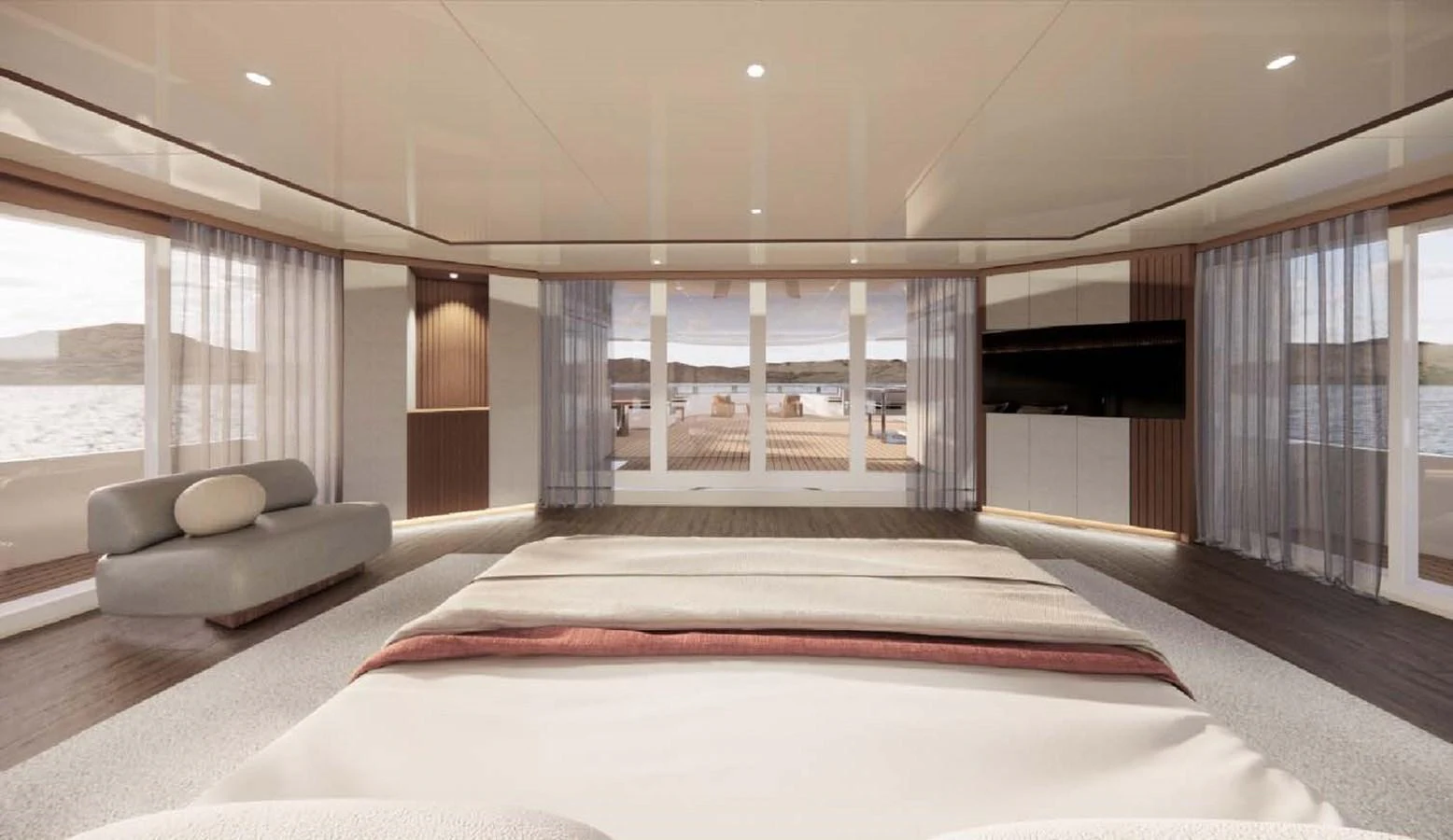 The master stateroom offers a spacious and luxurious retreat with panoramic views and elegant decor. aboard CMB47-107 Yacht for Sale