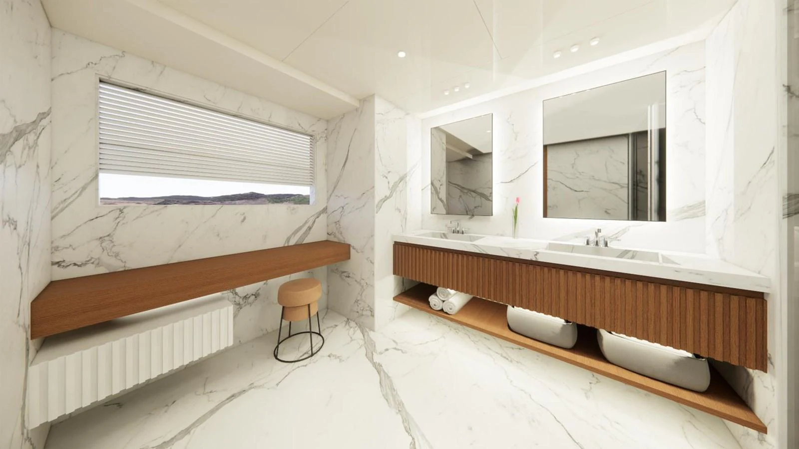The bathroom features a luxurious design with marble walls and countertops, complemented by wooden accents. aboard CMB47-107 Yacht for Sale