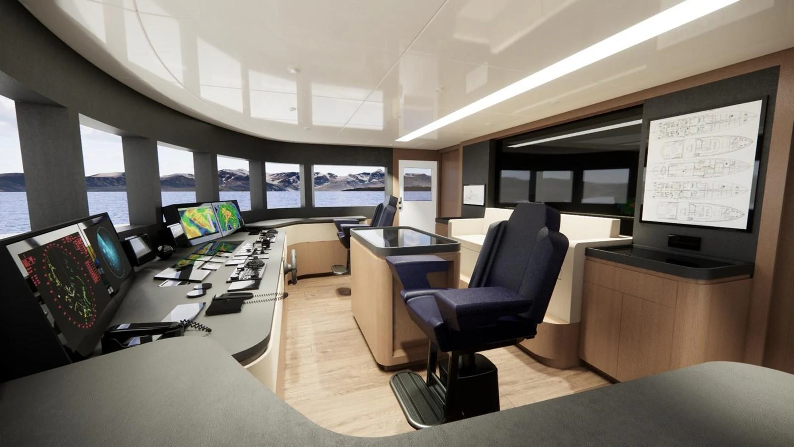 The helm station features advanced navigation equipment and a panoramic view of the sea. aboard CMB47-107 Yacht for Sale