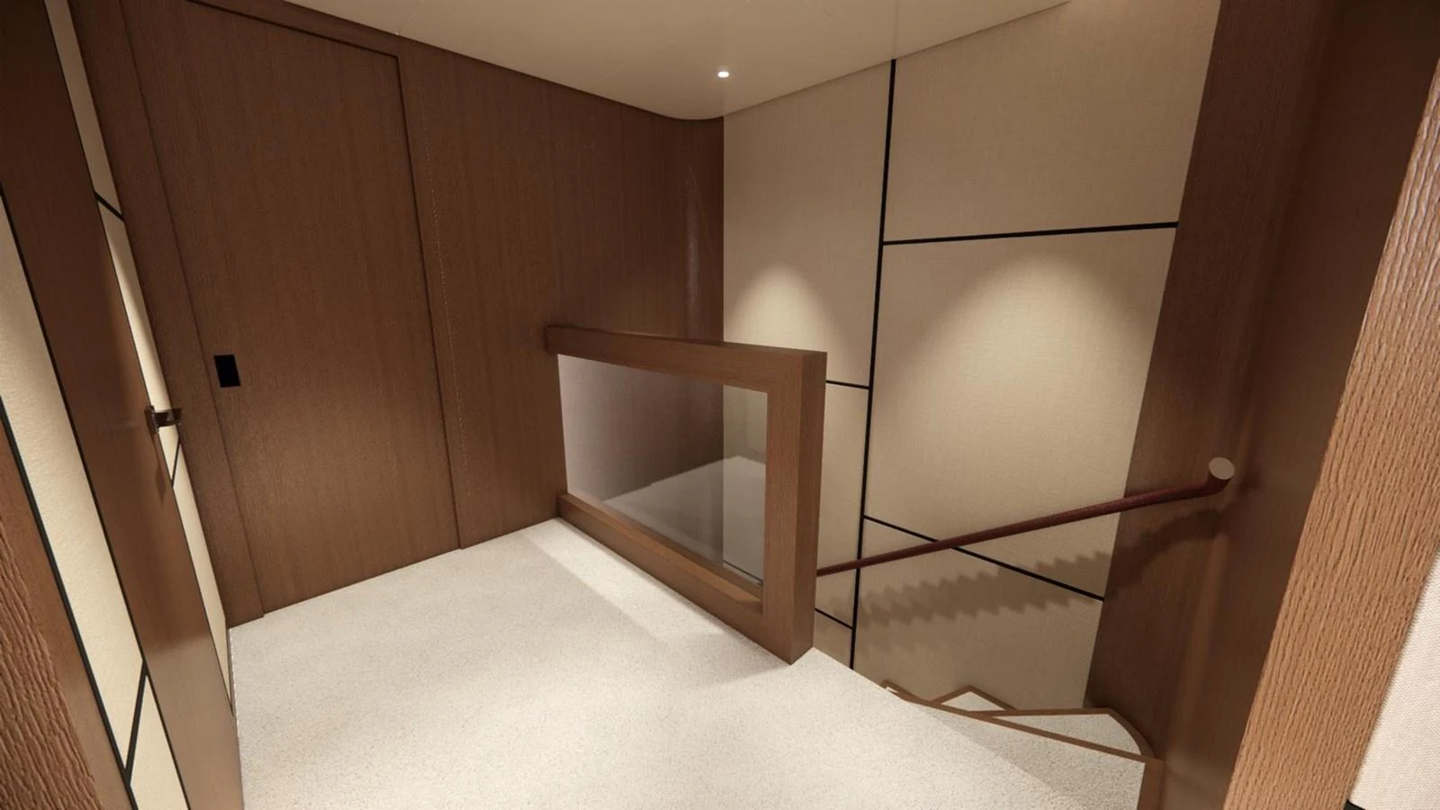 A modern and elegant interior hallway with wooden accents and soft lighting. aboard CMB47-107 Yacht for Sale