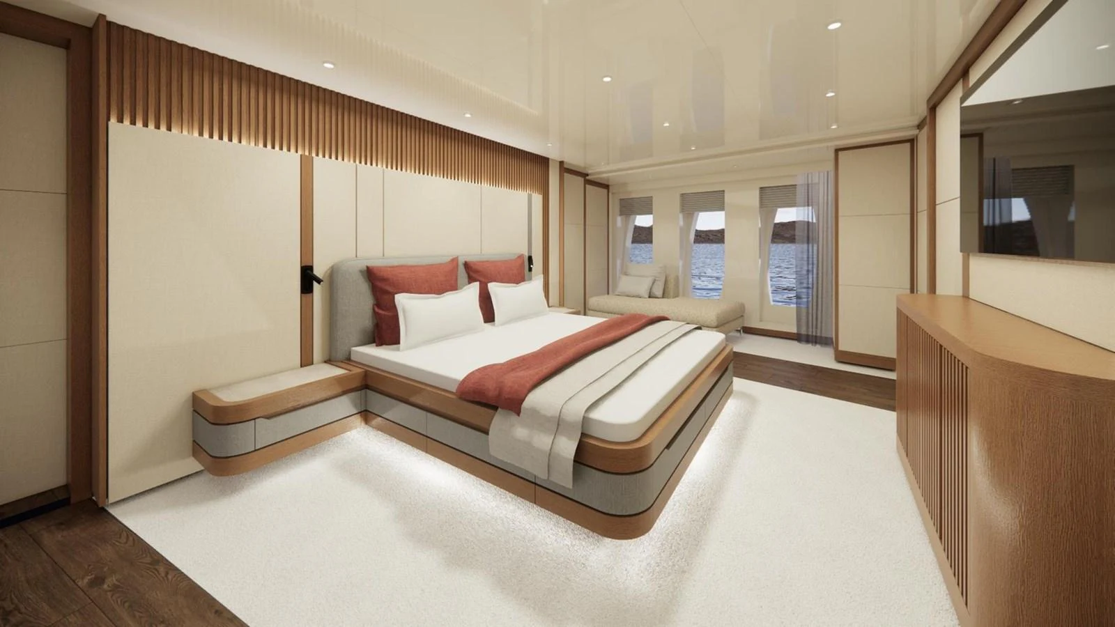 The master stateroom features a luxurious bed with elegant bedding and ample natural light from the windows. aboard CMB47-107 Yacht for Sale