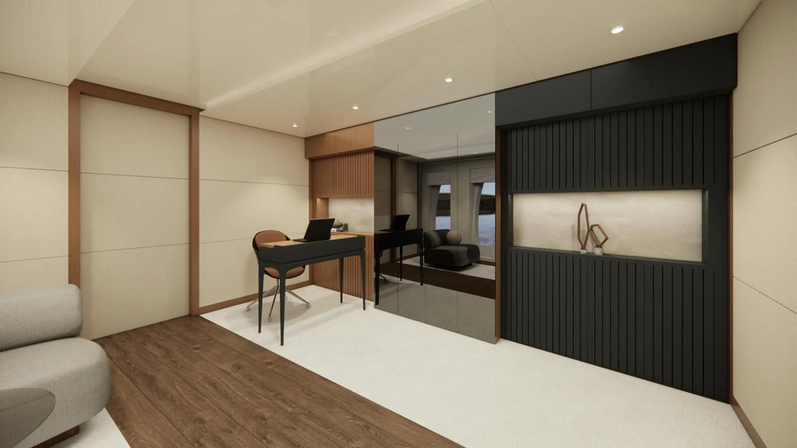 A modern yacht office with sleek furnishings and a minimalist design. aboard CMB47-107 Yacht for Sale