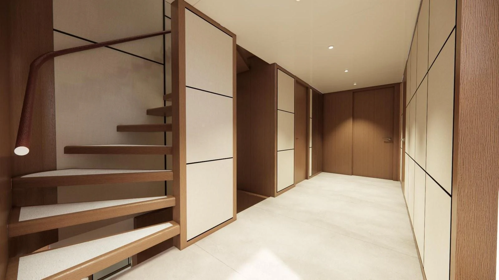 The image showcases a modern and spacious interior hallway with a sleek staircase. aboard CMB47-107 Yacht for Sale
