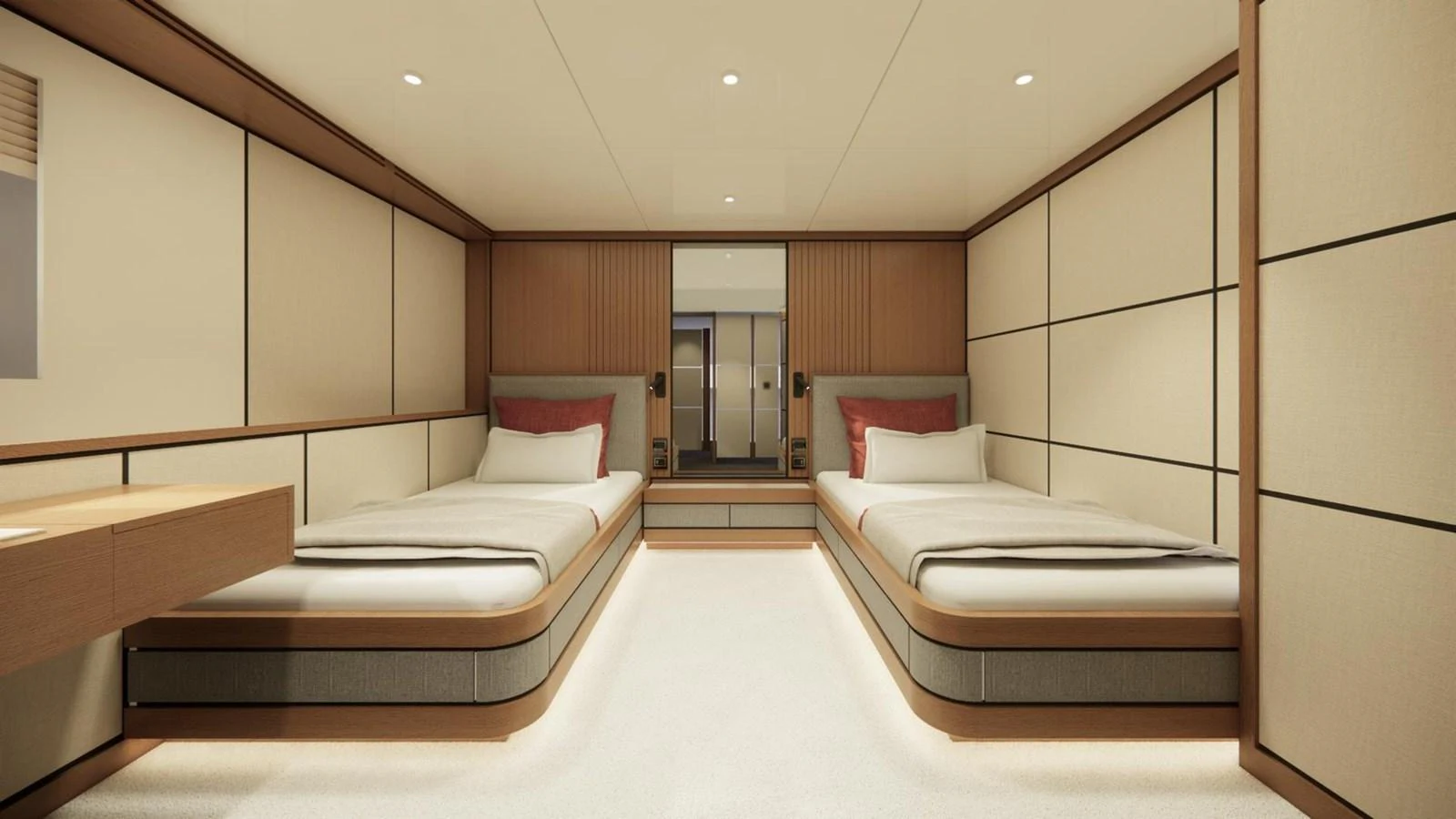 The twin stateroom features two comfortable single beds with a modern and elegant design. aboard CMB47-107 Yacht for Sale