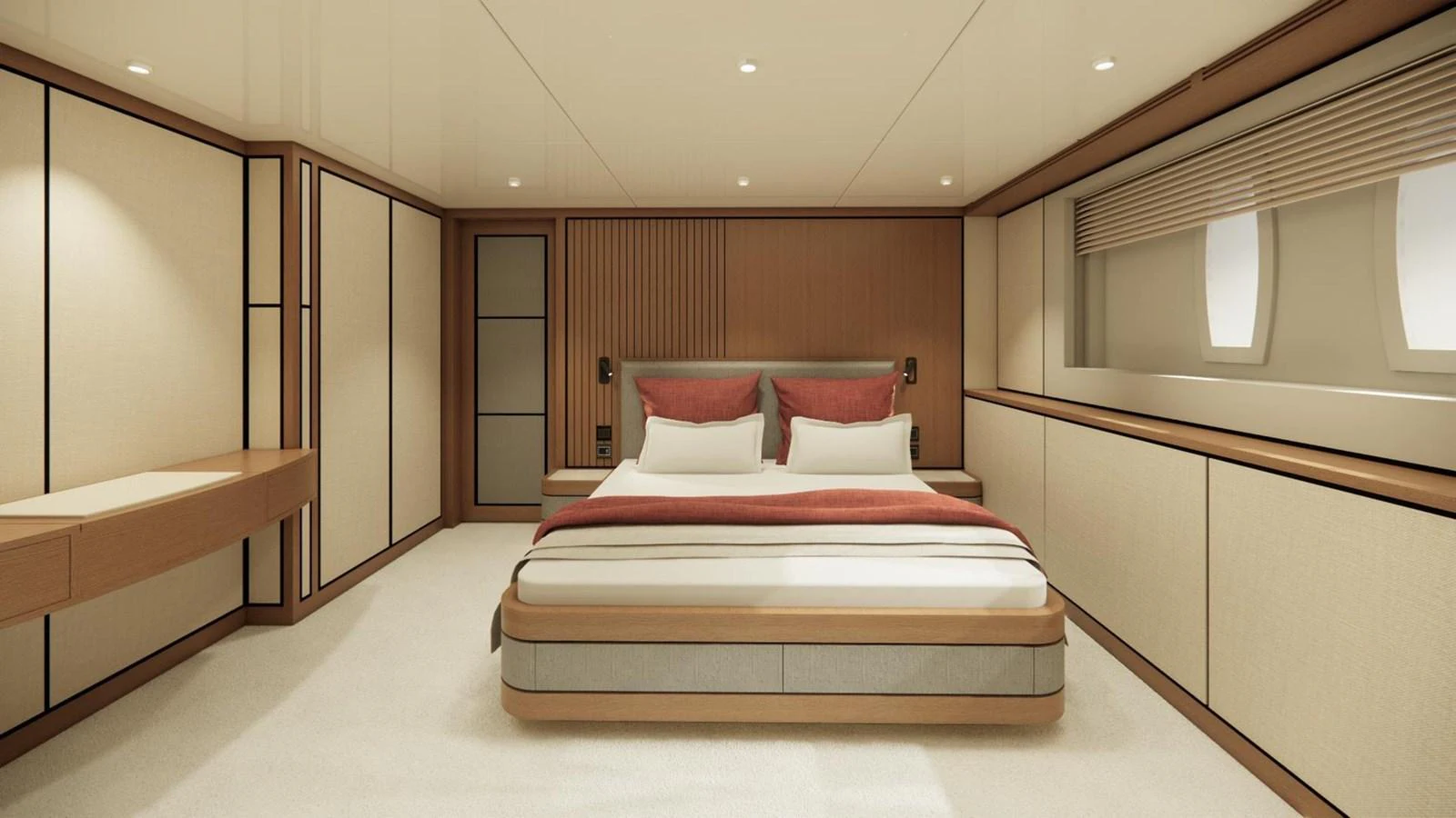 The master stateroom features a spacious and elegant design with luxurious bedding and ample natural light. aboard CMB47-107 Yacht for Sale