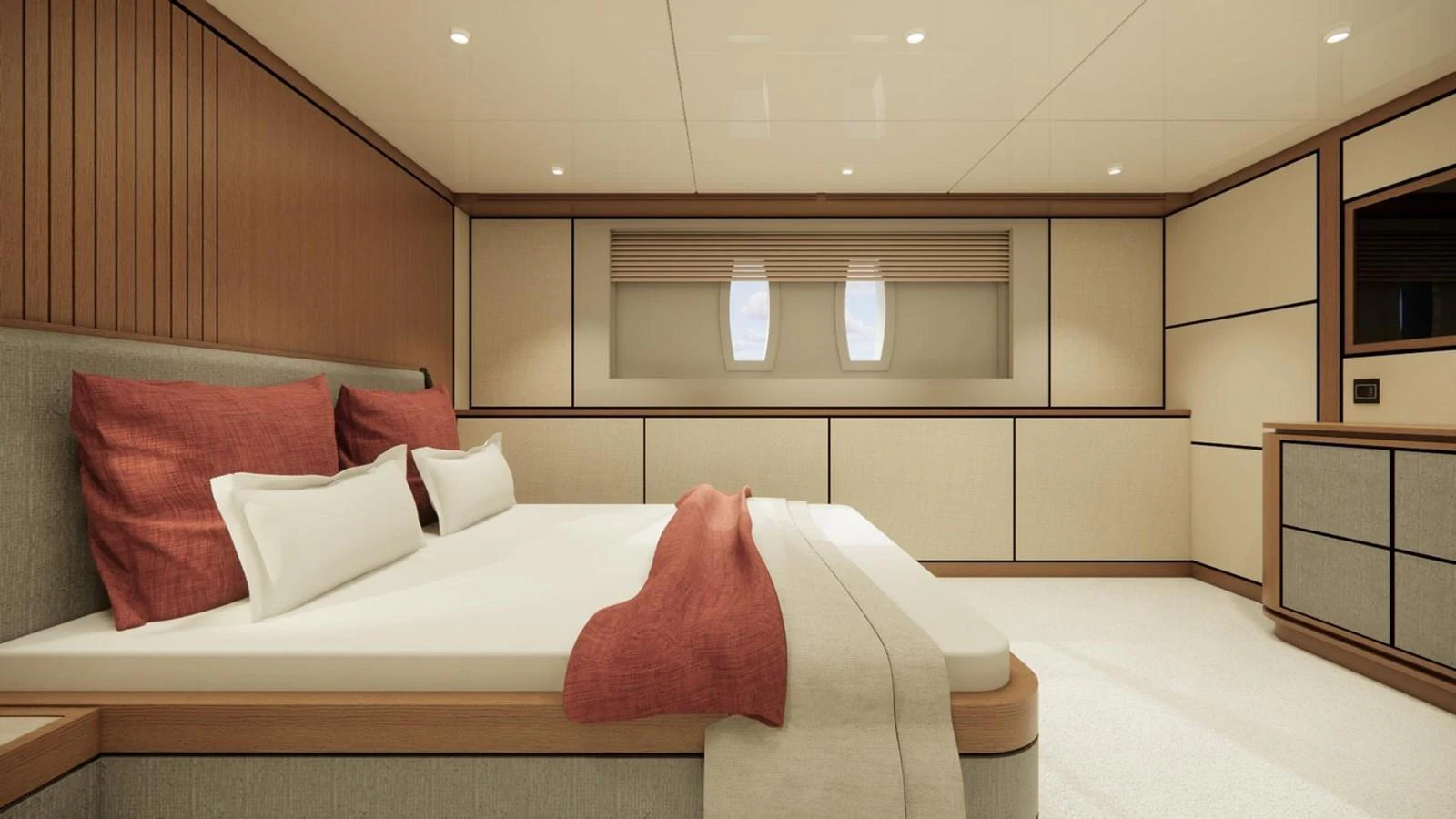 The master stateroom features a luxurious bed with plush linens and elegant wood paneling. aboard CMB47-107 Yacht for Sale