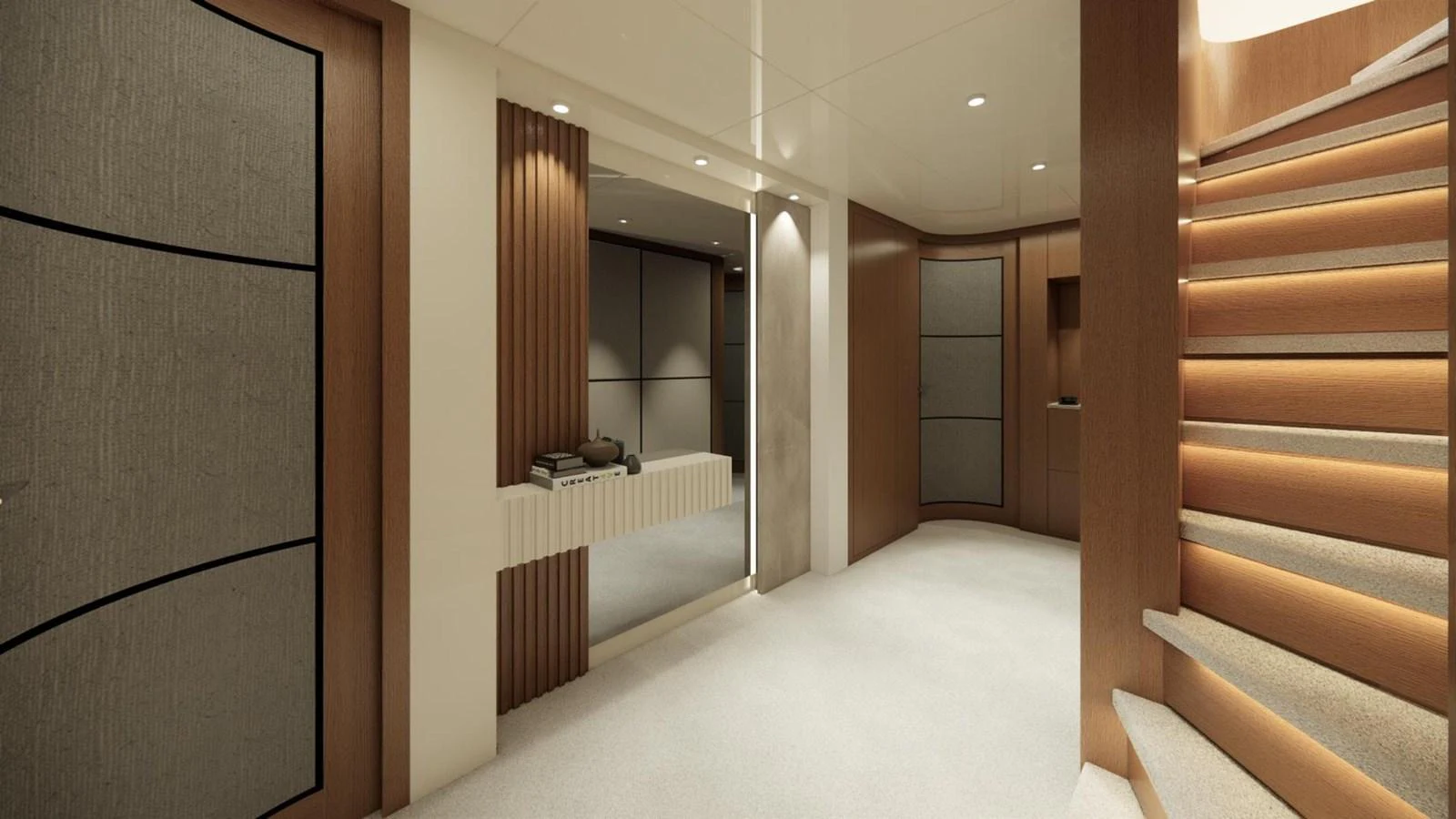 The yacht's interior features a modern and elegant design with warm lighting and sophisticated decor. aboard CMB47-107 Yacht for Sale
