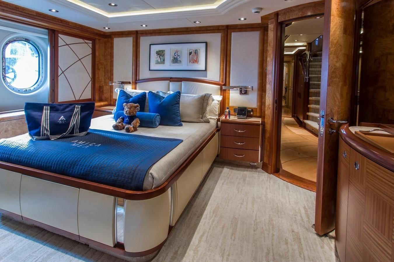 a bed in a room aboard AMICA MEA Yacht for Sale