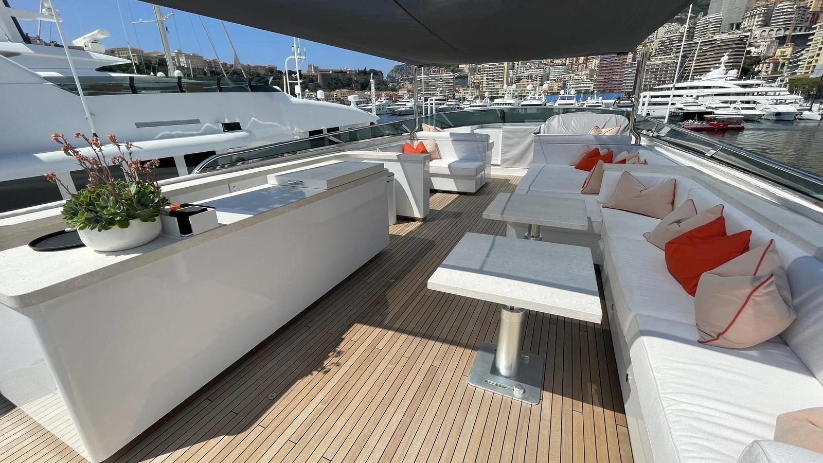 The sundeck offers a spacious and luxurious area for relaxation and socializing with comfortable seating and elegant decor. aboard D'ONE D Yacht for Sale