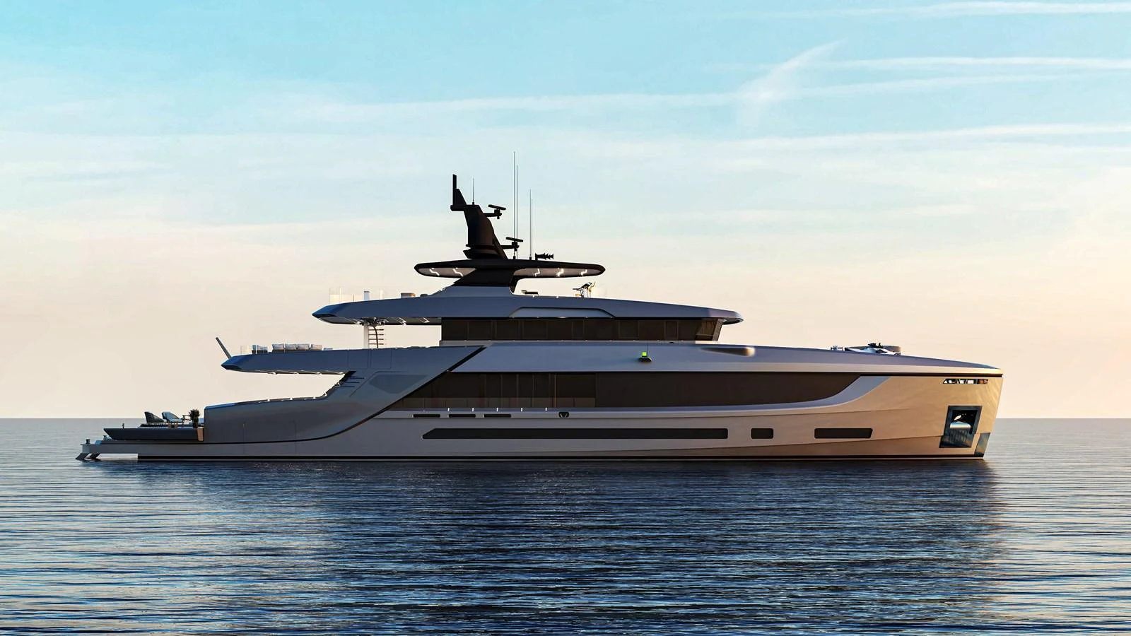 A sleek and modern yacht glides gracefully on calm waters under a clear sky. aboard NOA I Yacht for Sale