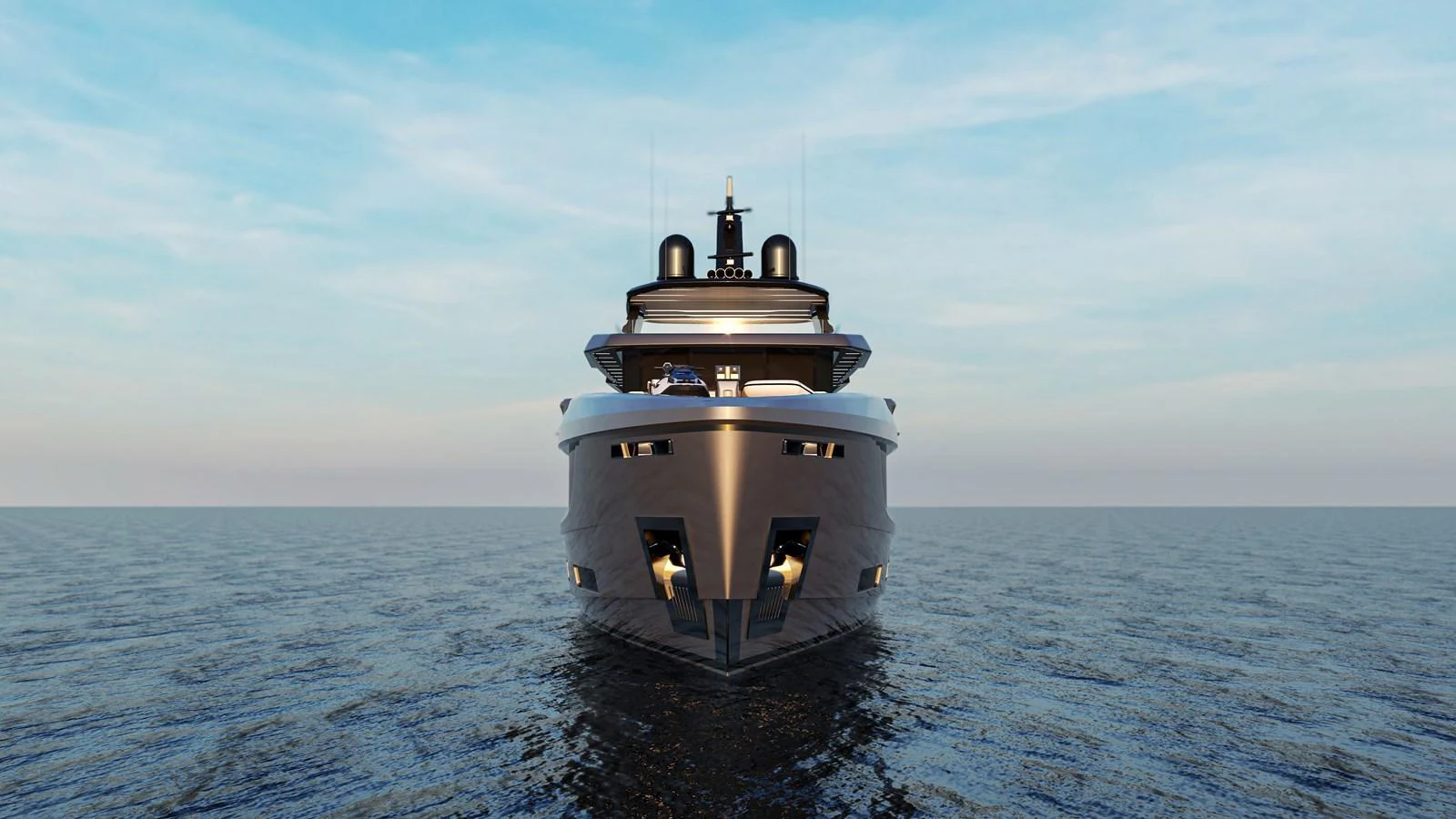 A stunning yacht is showcased head-on against a serene ocean backdrop. aboard NOA I Yacht for Sale