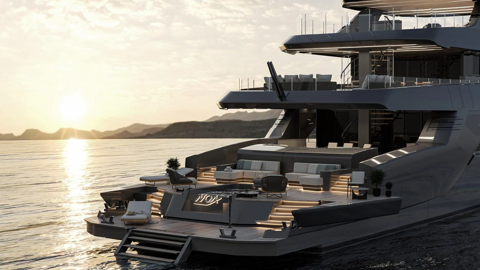 The yacht's aft deck offers a luxurious space for relaxation with elegant seating and ambient lighting, set against a stunning sunset backdrop. aboard NOA I Yacht for Sale