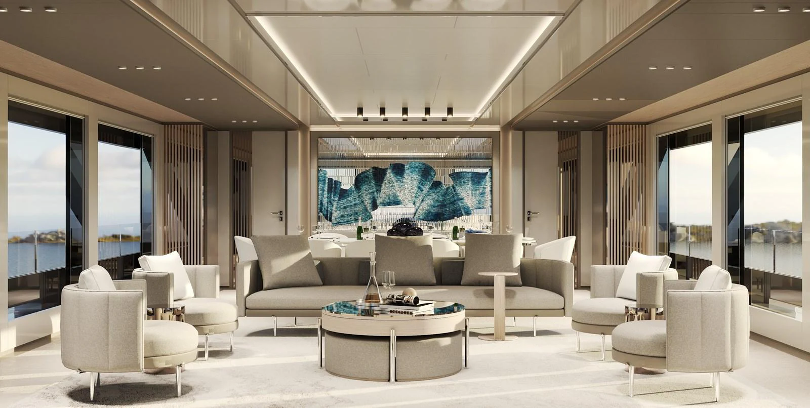 The salon features a spacious and elegant seating area with panoramic views. aboard NOA I Yacht for Sale