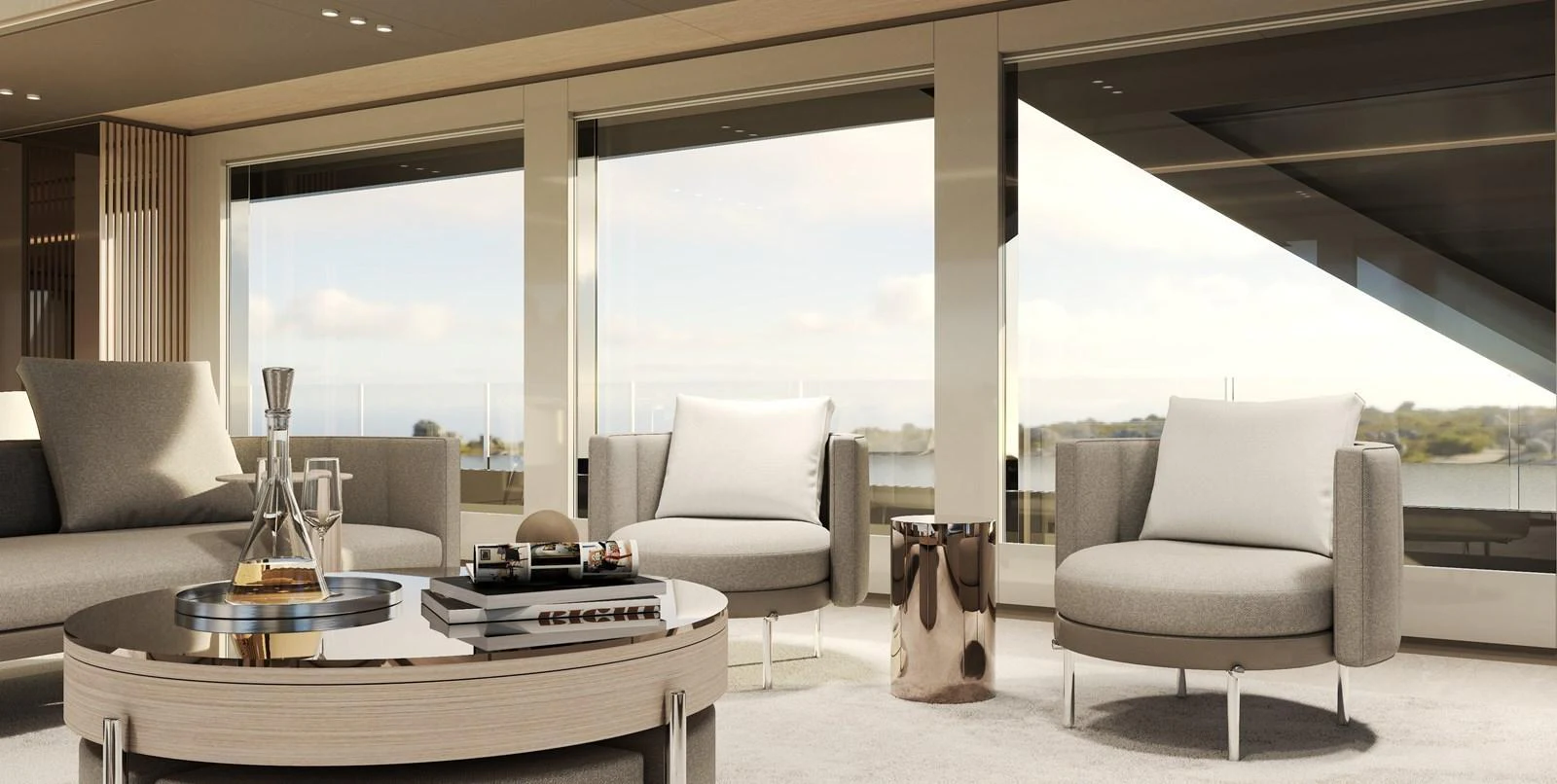 The salon features modern furnishings with large windows offering stunning views. aboard NOA I Yacht for Sale