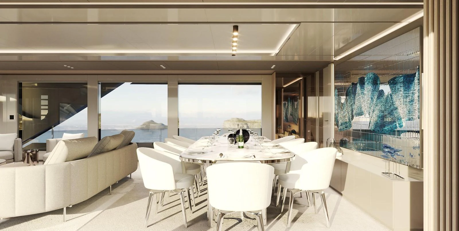 The yacht's dining area features a modern table with plush seating and expansive windows offering stunning ocean views. aboard NOA I Yacht for Sale