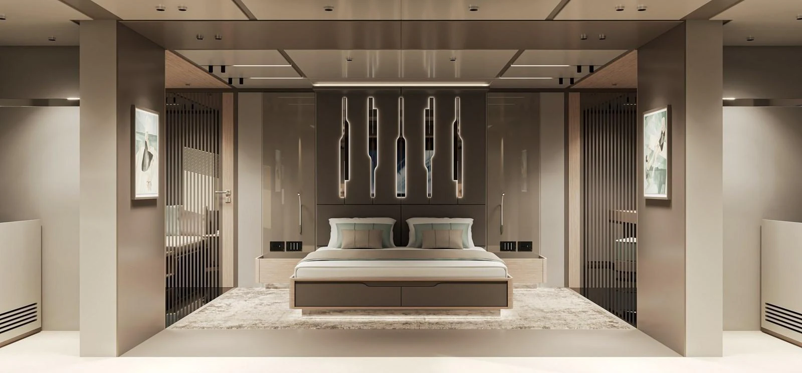 The master stateroom features a luxurious bed with modern decor and ambient lighting. aboard NOA I Yacht for Sale