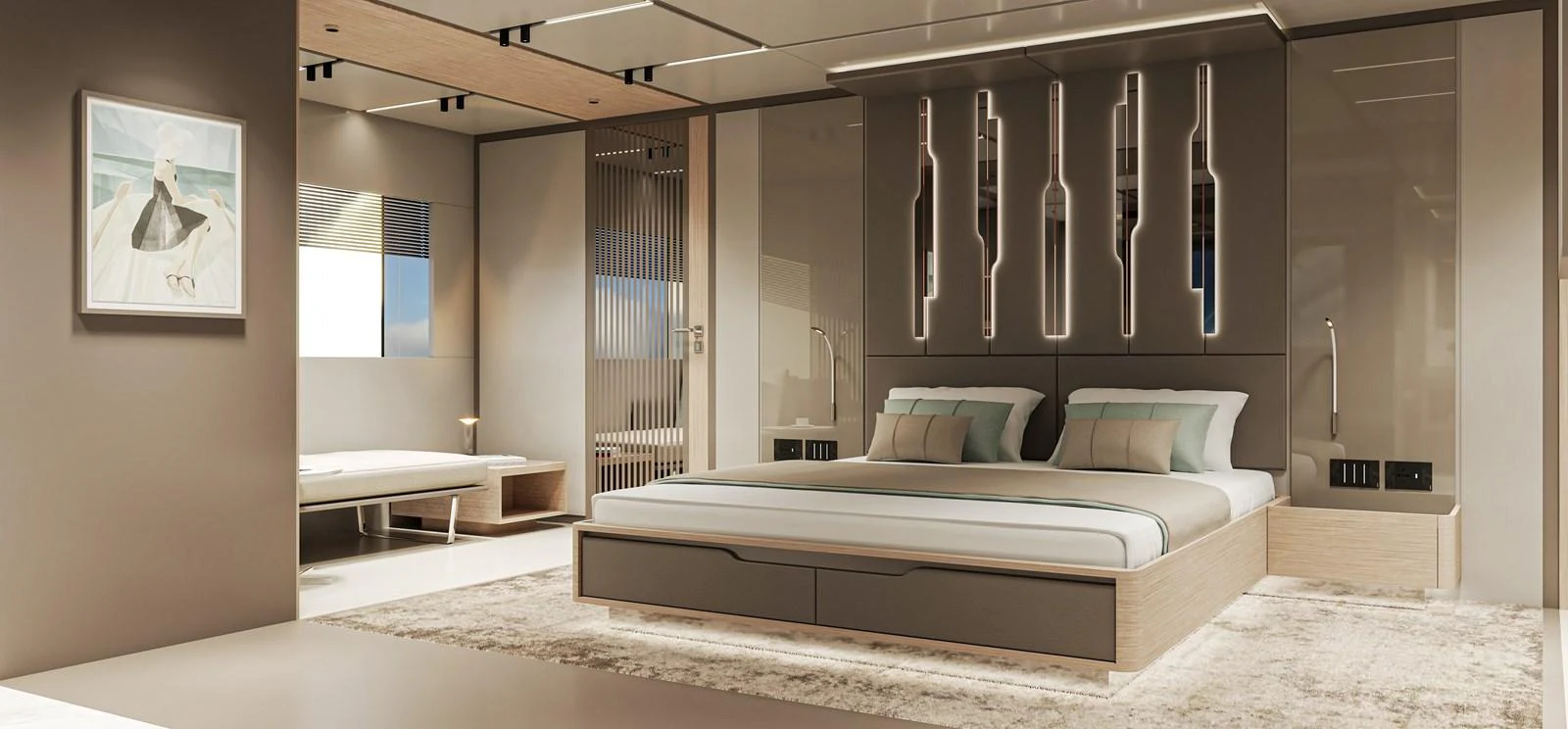 The master stateroom features a spacious bed, modern decor, and elegant lighting. aboard NOA I Yacht for Sale