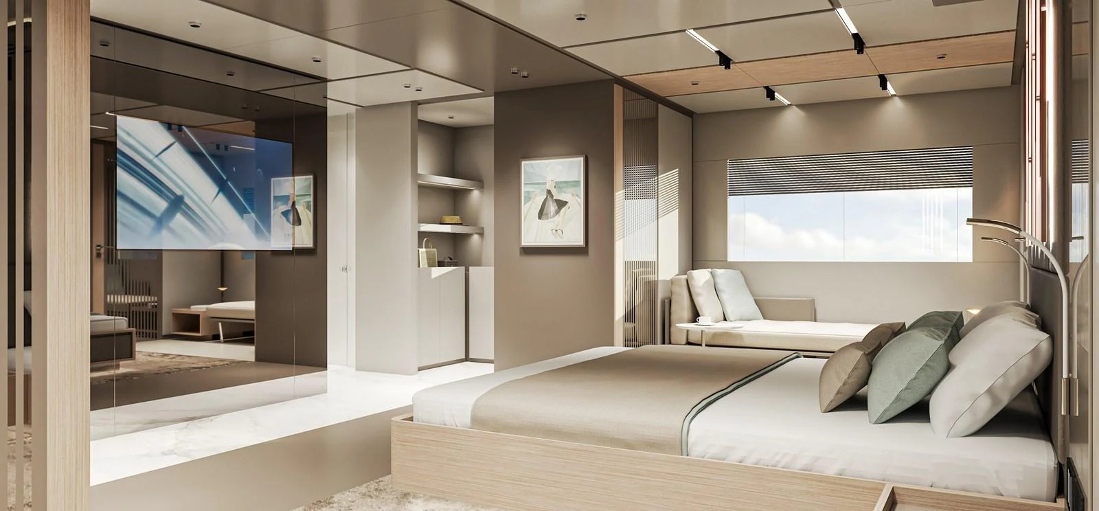 The master stateroom features a spacious layout with modern decor and luxurious amenities. aboard NOA I Yacht for Sale