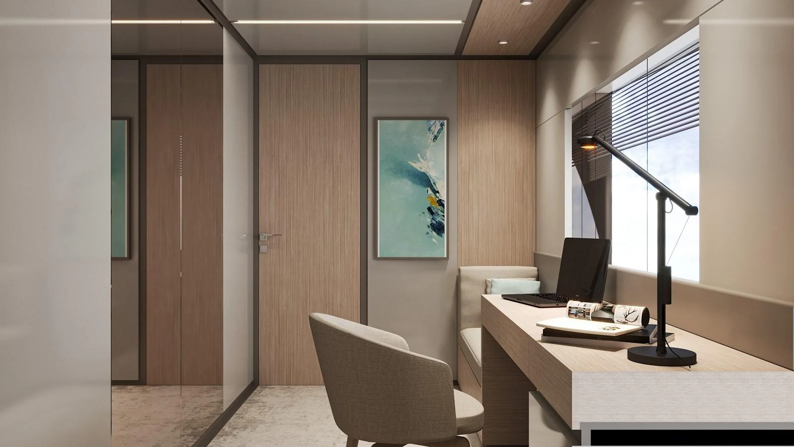 A sleek and modern yacht office with a comfortable chair and a well-lit desk area. aboard NOA I Yacht for Sale