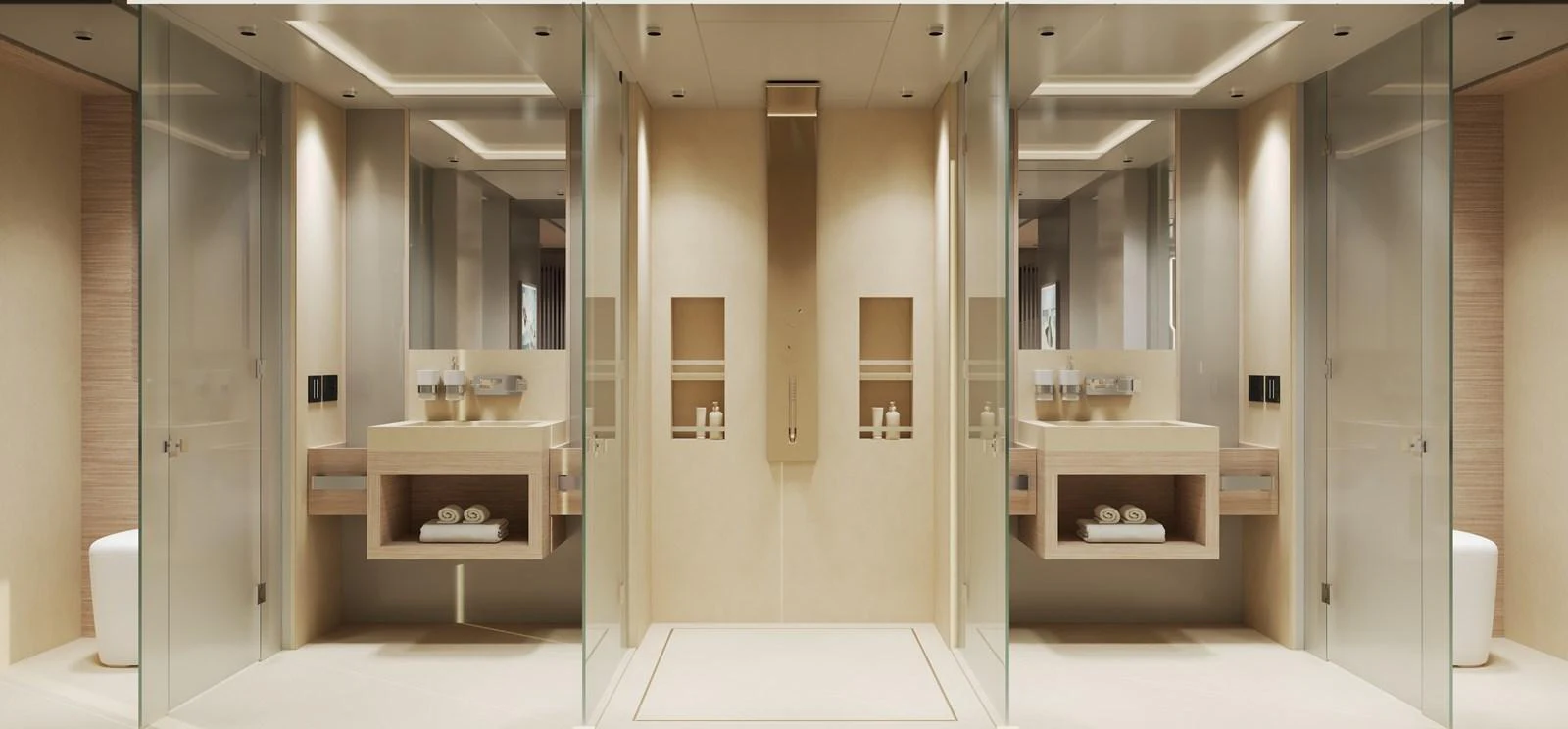 The yacht's bathroom features a sleek and modern design with ample mirrors and elegant fixtures. aboard NOA I Yacht for Sale