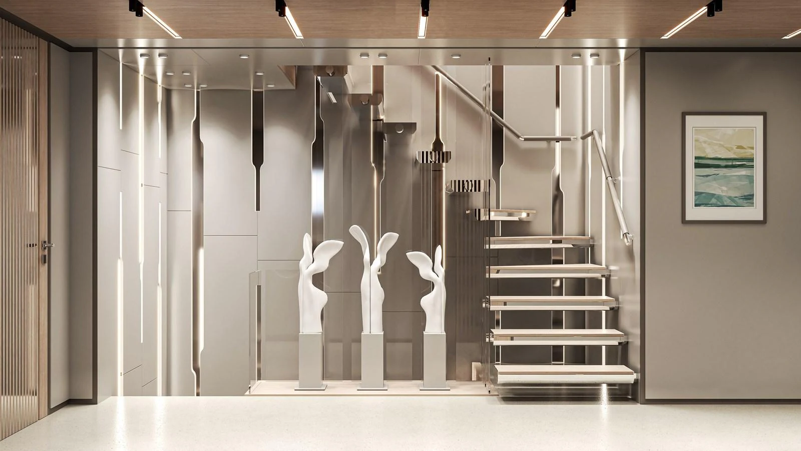 A modern and elegant interior space featuring a stylish staircase and artistic sculptures. aboard NOA I Yacht for Sale