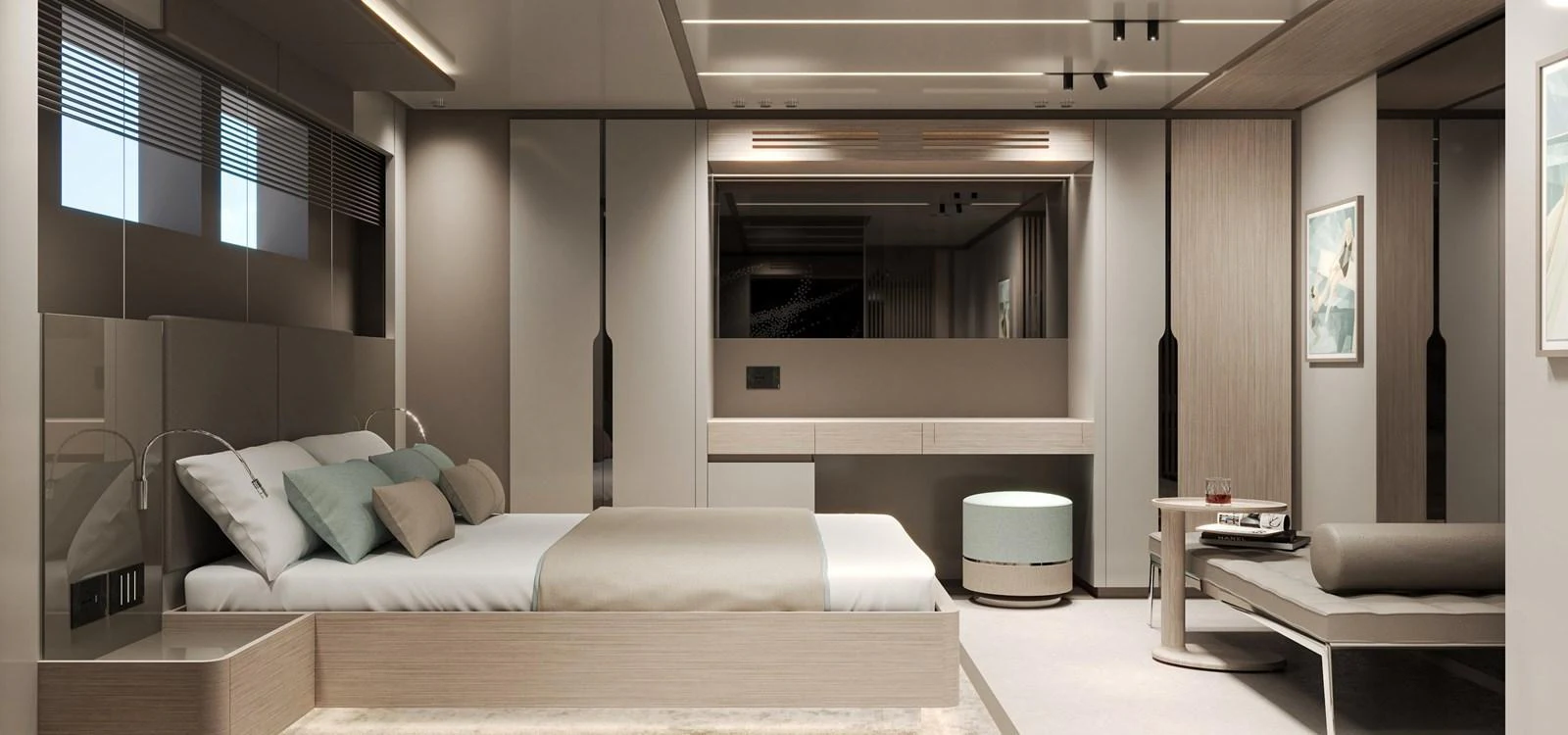 The master stateroom features a luxurious bed, modern furnishings, and elegant decor. aboard NOA I Yacht for Sale