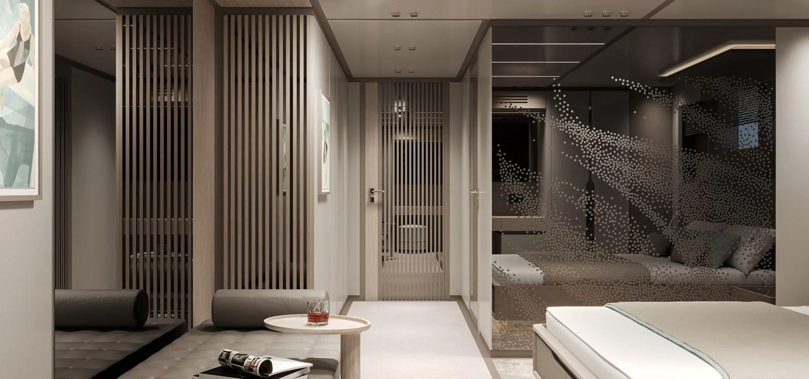 A luxurious stateroom featuring modern decor and comfortable seating. aboard NOA I Yacht for Sale