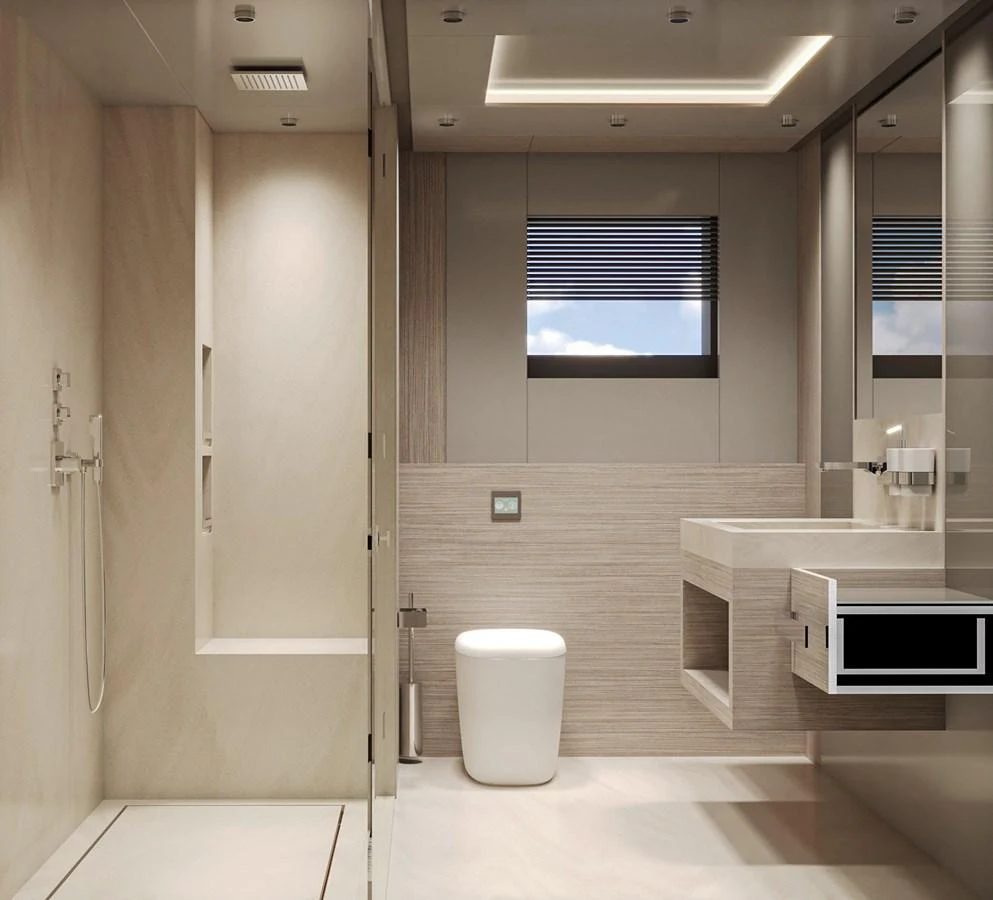 A sleek and modern yacht bathroom with minimalist design and high-end fixtures. aboard NOA I Yacht for Sale