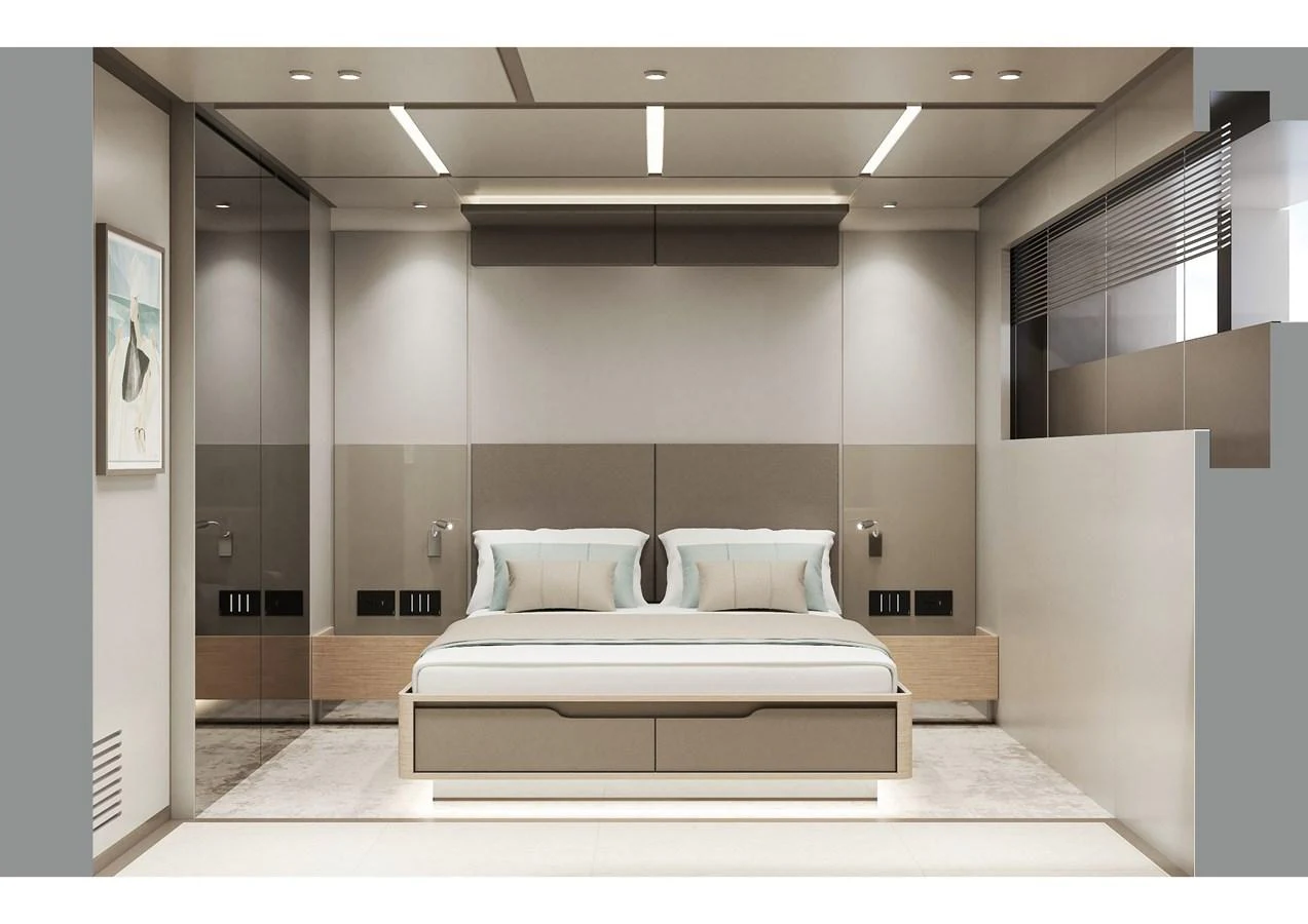 The stateroom features a modern design with a comfortable bed and sleek furnishings. aboard NOA I Yacht for Sale