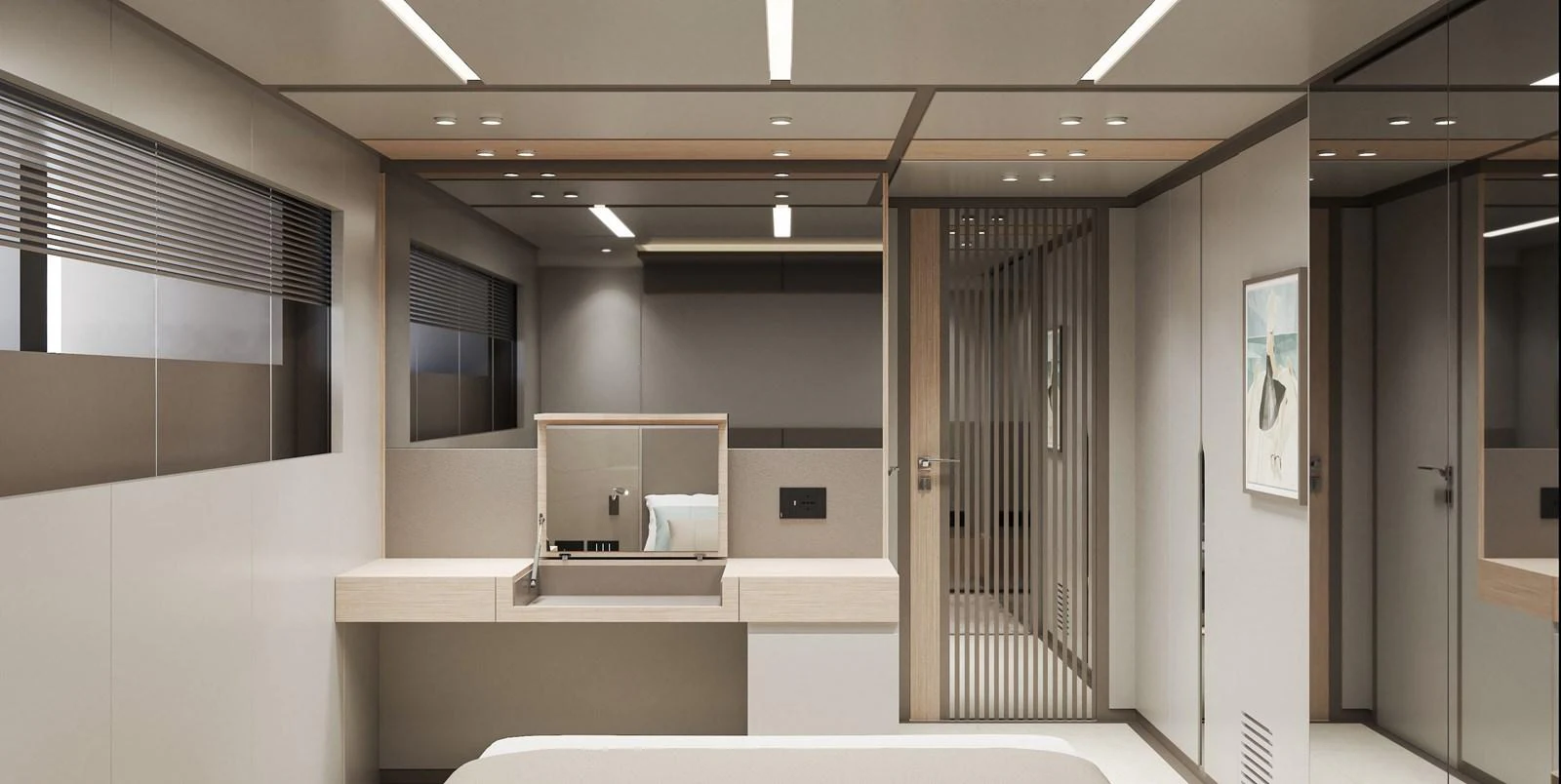 The stateroom features modern design elements with sleek lines and neutral tones. aboard NOA I Yacht for Sale