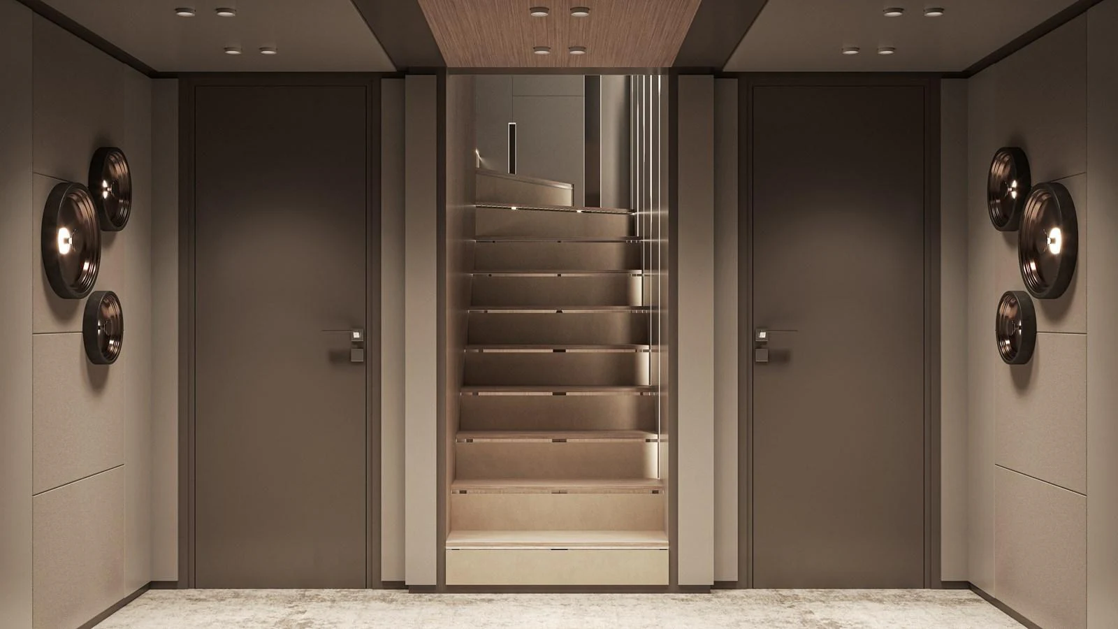 The image showcases a modern, elegant interior with a central staircase and sleek lighting fixtures. aboard NOA I Yacht for Sale