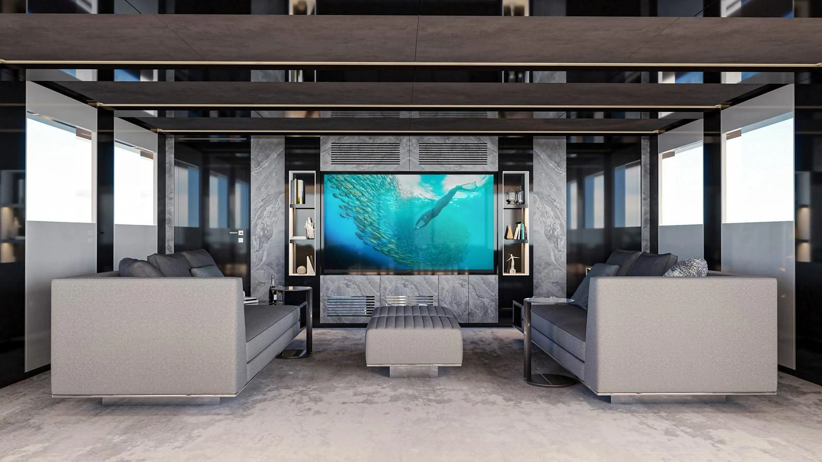 The salon features modern furnishings and a large flat-screen TV, creating a luxurious and comfortable space for relaxation. aboard NOA I Yacht for Sale