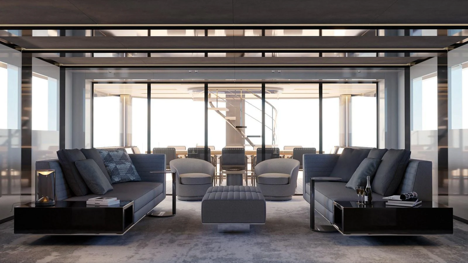The salon features modern furnishings with ample seating and panoramic windows for a luxurious and comfortable experience. aboard NOA I Yacht for Sale