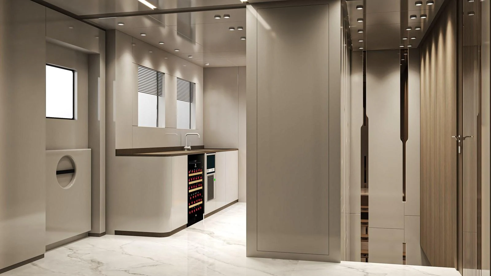 The yacht's galley features sleek modern design with ample counter space and integrated appliances. aboard NOA I Yacht for Sale