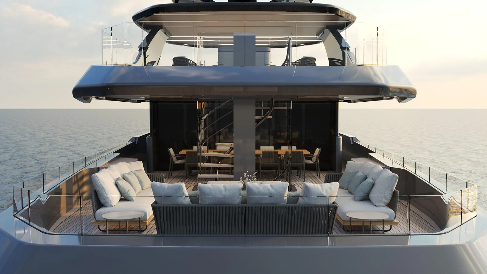 The yacht's aft deck features luxurious seating and a dining area, perfect for relaxation and entertainment. aboard NOA I Yacht for Sale