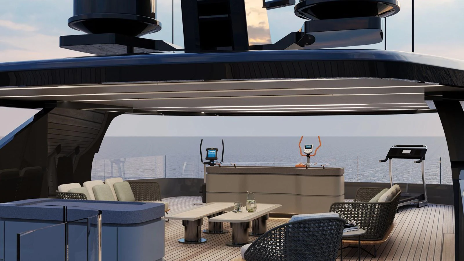 The sundeck features a luxurious seating area with modern furnishings and a bar, perfect for relaxation and entertainment. aboard NOA I Yacht for Sale