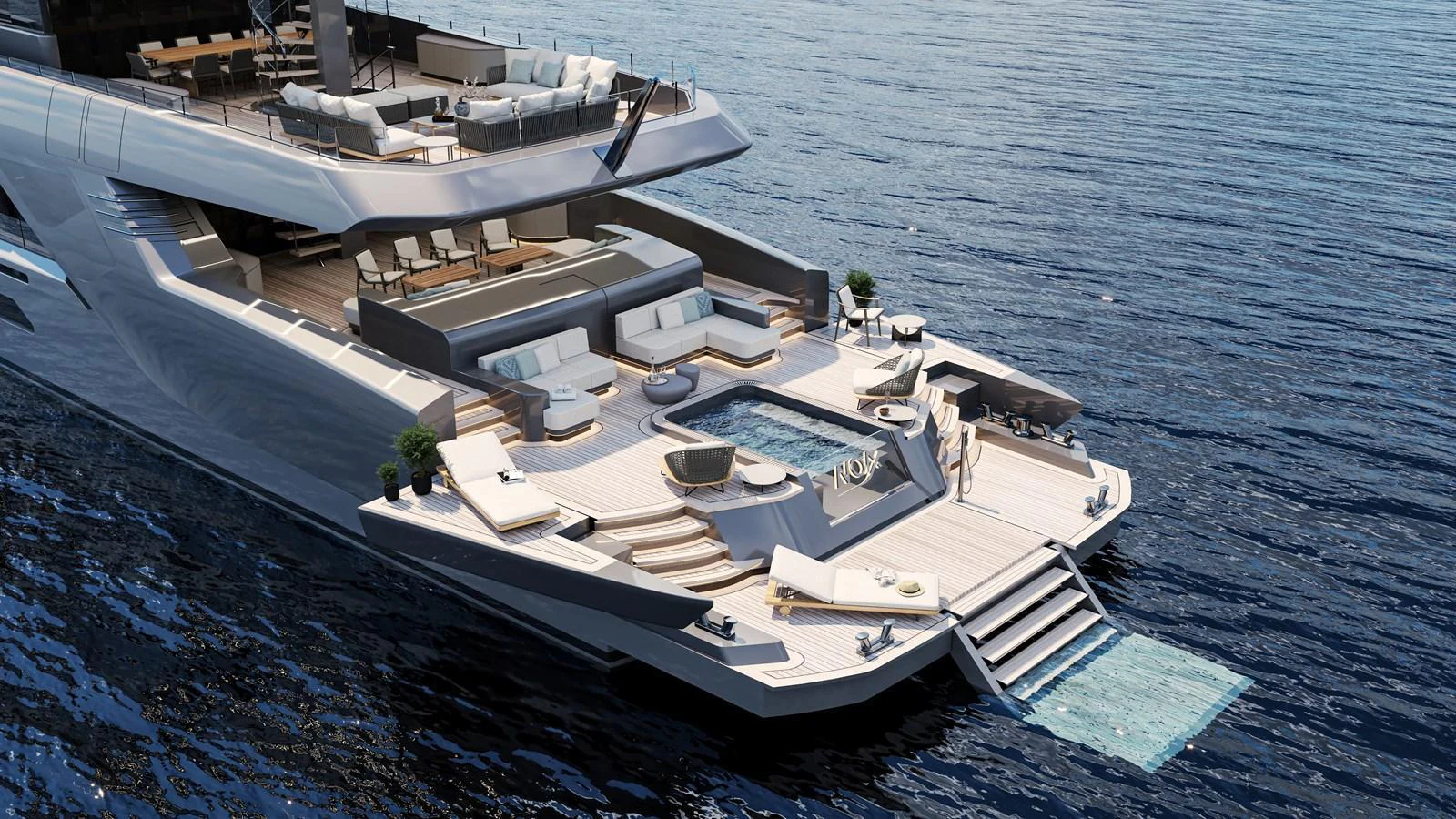 The yacht's aft deck features luxurious lounging areas, a pool, and direct access to the water. aboard NOA I Yacht for Sale