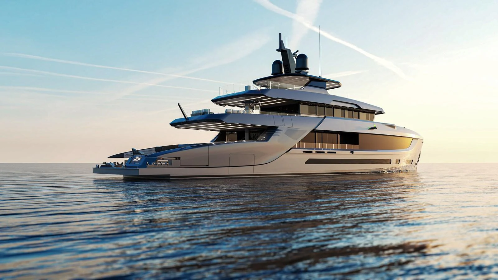 A sleek and modern yacht glides gracefully on calm waters at sunset. aboard NOA I Yacht for Sale